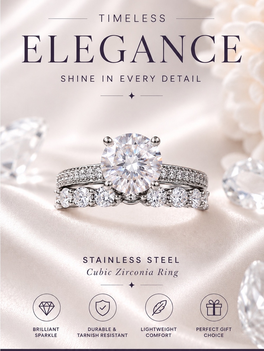 Size 8-Stainless Steel Cubic Zirconia Ring - Silver